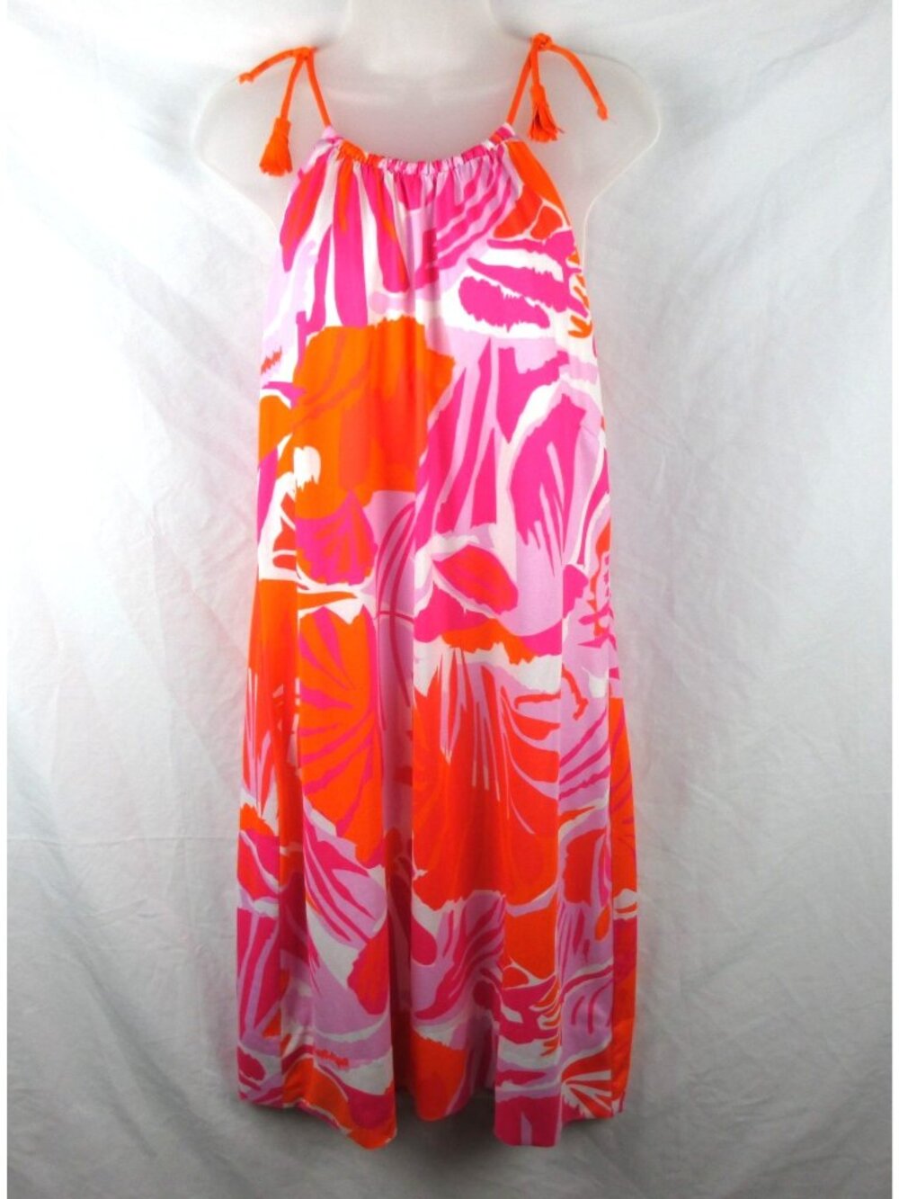 Gretchen Scott Women's Orange Pink Halter Dress Tassel Tie XL Abstract Tropical